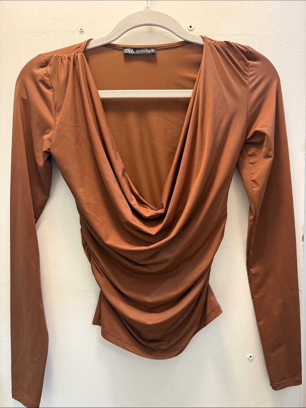 Zara Rust Brown Draped Cowl Long-Sleeve Top